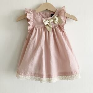 Cynthia Rowley Dress Baby Girl 3-6M Pink Lace Gold Bow 100% Cotton